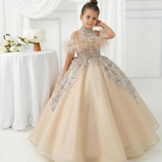 gold champagne flower girl dress Champagne Ruffled Lace Flower Girl Dress with Train  Elegant Long Sleeve Flower Girl Dress Plus Size