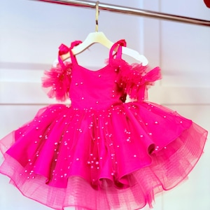 Vestido de niña fucsia intenso, vestido de niña de flores fucsia, vestido para primer cumpleaños, vestido para niña pequeña para foto de aplastamiento de pastel, vestido de novia para niña