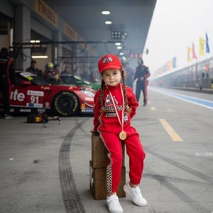 Puede incluir: Una persona joven con un traje y gorra de carreras rojos, con una medalla de oro, sentada en una caja de madera. El traje tiene una franja a cuadros en el lateral y un logotipo en el pecho. Zapatillas blancas completan el atuendo. Un coche de carreras rojo está en el fondo.