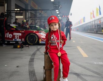 May include: A young person in a red racing suit and cap, with a gold medal, sits on a wooden box. The suit has a checkered stripe down the side and a logo on the chest. White sneakers complete the outfit. A red race car is in the background.