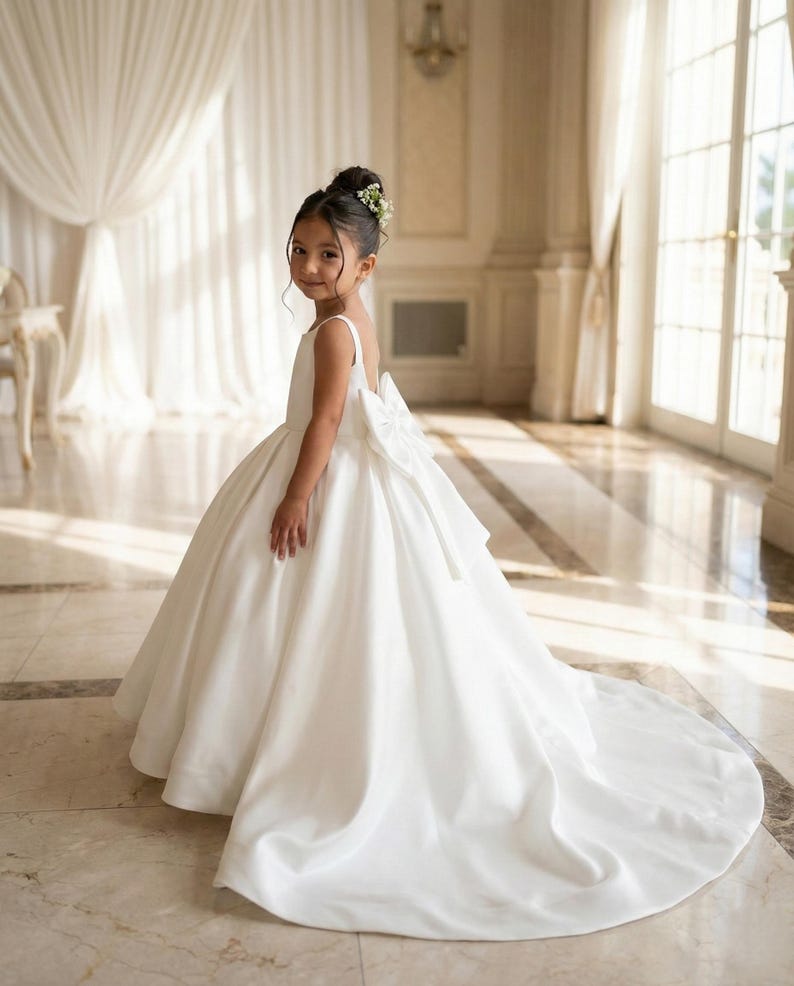 May include: A floor-length white sleeveless dress featuring a wide scoop neckline, a fitted bodice, and a full, voluminous skirt with a long train. A large, structured white bow is attached at the center back of the waistline.