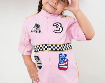 Gepersonaliseerde roze raceautokostuum, racepak peuter meisje, outfit eerste verjaardag, race-jumpsuit Fast One Girls, cadeau babycoureur