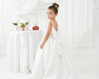 Vestido blanco de satén para niña de las flores, vestido de princesa con cola larga, elegante vestido rosa para dama de honor junior de boda, sesión de fotos de primer cumpleaños