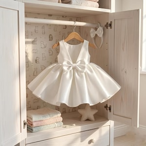 May include: A sleeveless white dress featuring a wide, structured bow at the waist and a full, flared skirt. The dress is suspended on a wooden hanger, accompanied by a matching white headband with a bow detail, presented in a light-colored wardrobe.