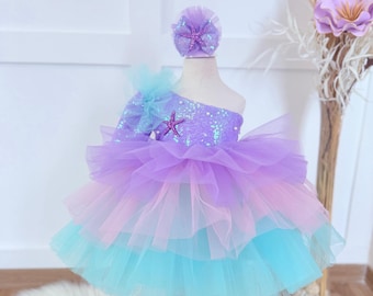 Mermaid baby girl dress, lilac mermaid toddler dress, lilac dress toddler, one sleeve mermaid dress, first birthday dress lilac
