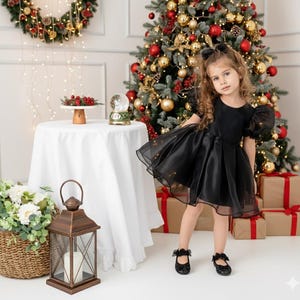 Black Puff Sleeve Christmas Dress for Toddler Girl – Holiday Party Dress with Bow