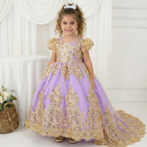 Lilac Tulle Flower Girl Dress with Train, Gold Lace Embroidery, Christmas Wedding Gown, Toddler Princess Gown, Junior Bridesmaid image 3