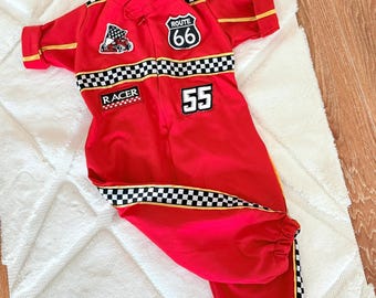 Personalized Named Red Racer Short Sleeve Jumpsuit, Toddler Two Fast Kids Suit, Two Speed Suit Car Costume, 1st birthday car theme costume
