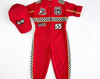 Disfraz de coche de carreras rojo, mono de piloto de carreras rojo, traje de coche de carreras rojo para niño pequeño, traje de carreras rojo personalizado