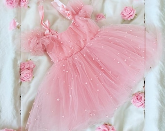 Dusty rose Birthday Girl Dress with Flowers, Baby Dress for Special Occasion, First Birthday Dress, Pearl  Dress 1 Years Old, Handmade Dress