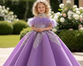 Lilac Couture Princess Dress, Quinceanera Gown with Beads. Off Shoulder Gown for Girl, Matching Sister Gown, Flower Girl Ball Gown