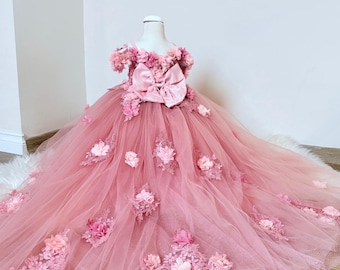Blush Quinceañera Gown for Baby & Toddler – Off-Shoulder, Long Train