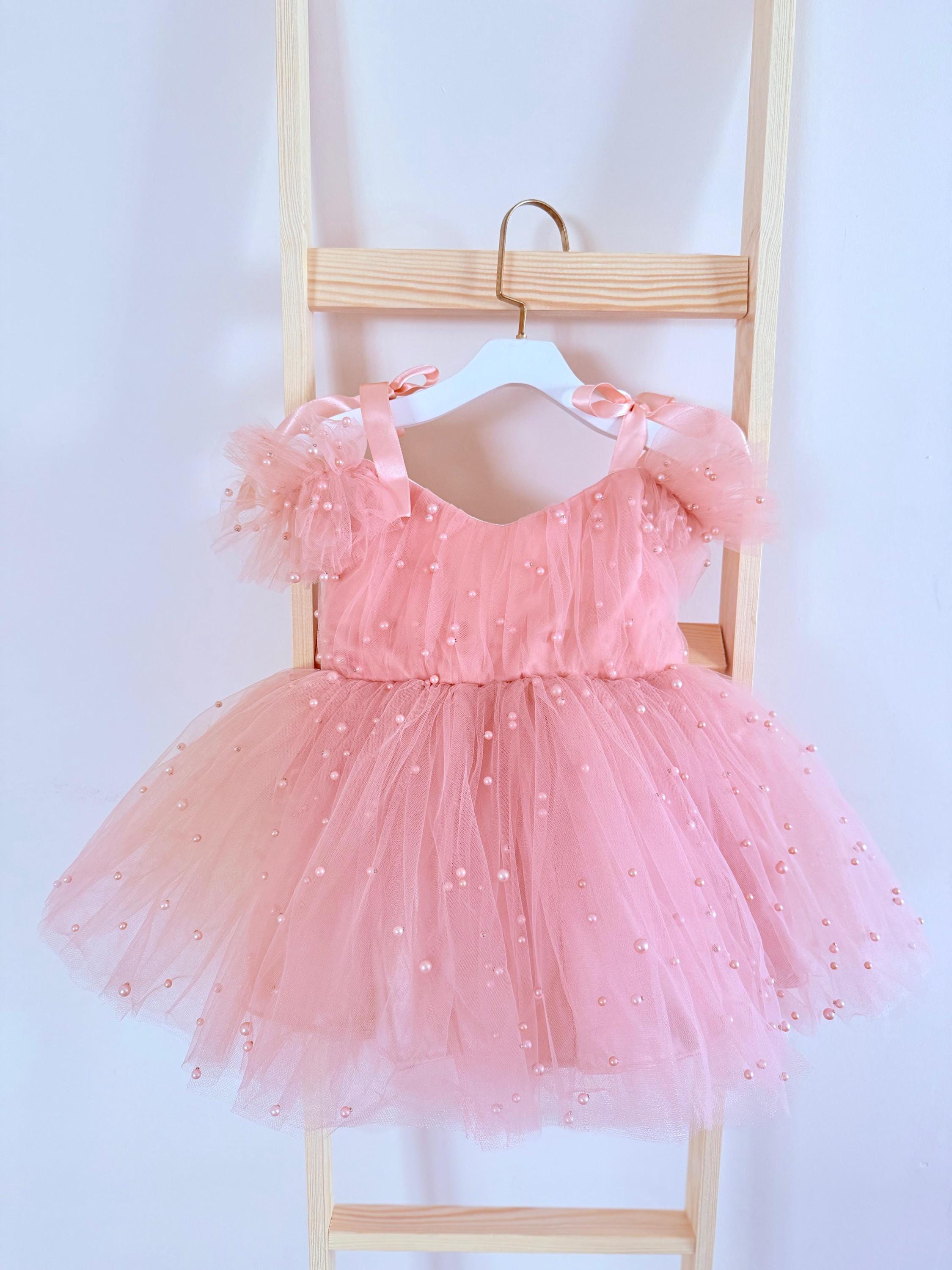 Baby Girl Powder pearl Tutu Dress, Pagent Toddler Party Dress, Tulle Flower Girl Dress, Baby blush Dress, mini bridesmad pearl dress blush