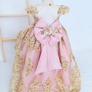 Vestido de princesa blush, vestido alto e baixo para crianças, vestido rosa empoeirado para meninas, vestido de princesa de aniversário com cauda, vestido de laço para meninas, vestido real para crianças