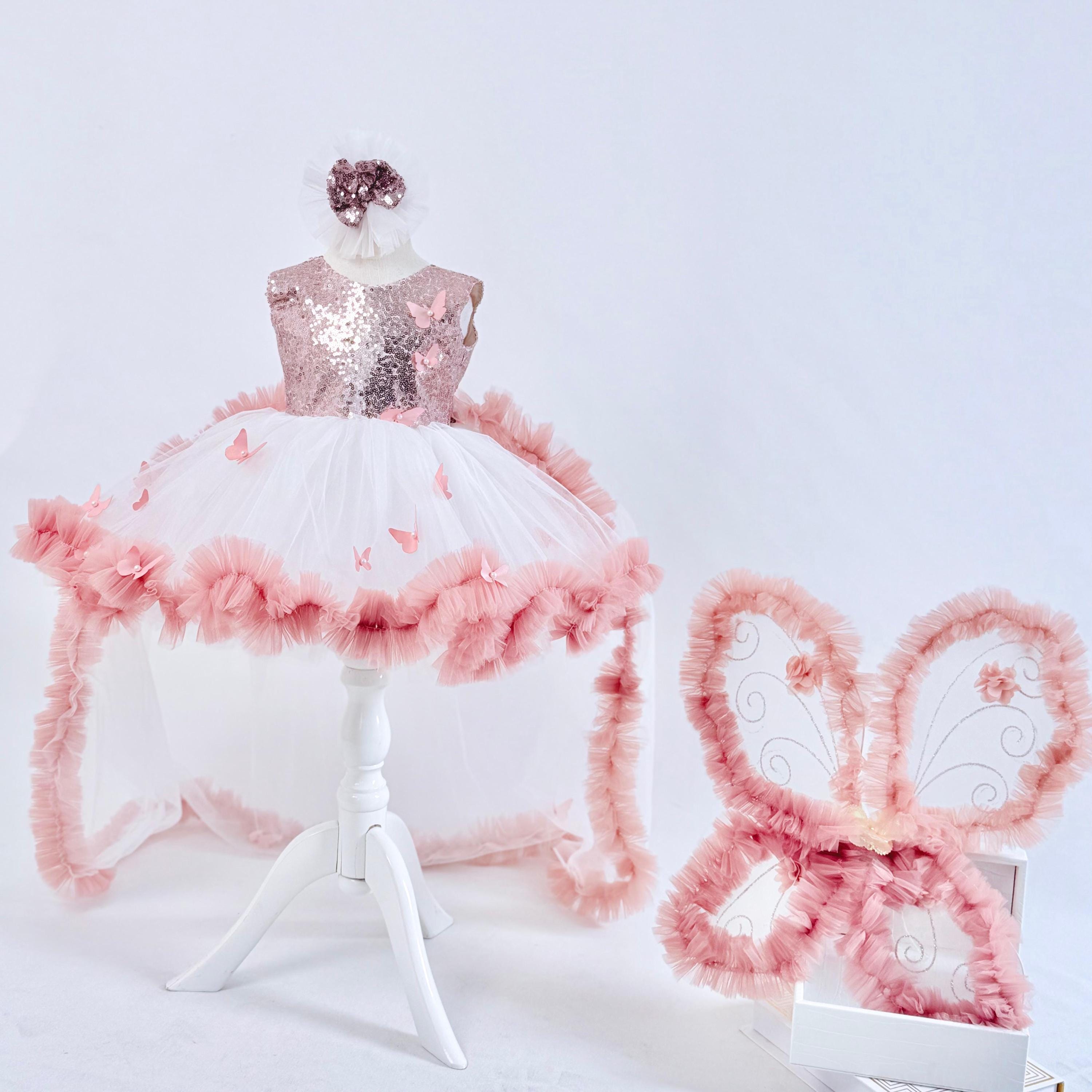 Blush pink butterfly dress, handmade tutu dress for girls, high low dance outfit, girls custom tutu dress, fluffy tulle seguin baby dress