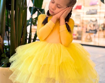 Yellow Long Sleeve Ballerina Dress, Girls&#39; Dance Costume for Ballet, Handmade Ballerina Tutu, ballerina outfit, Girl&#39;s ballerinas tutu dress