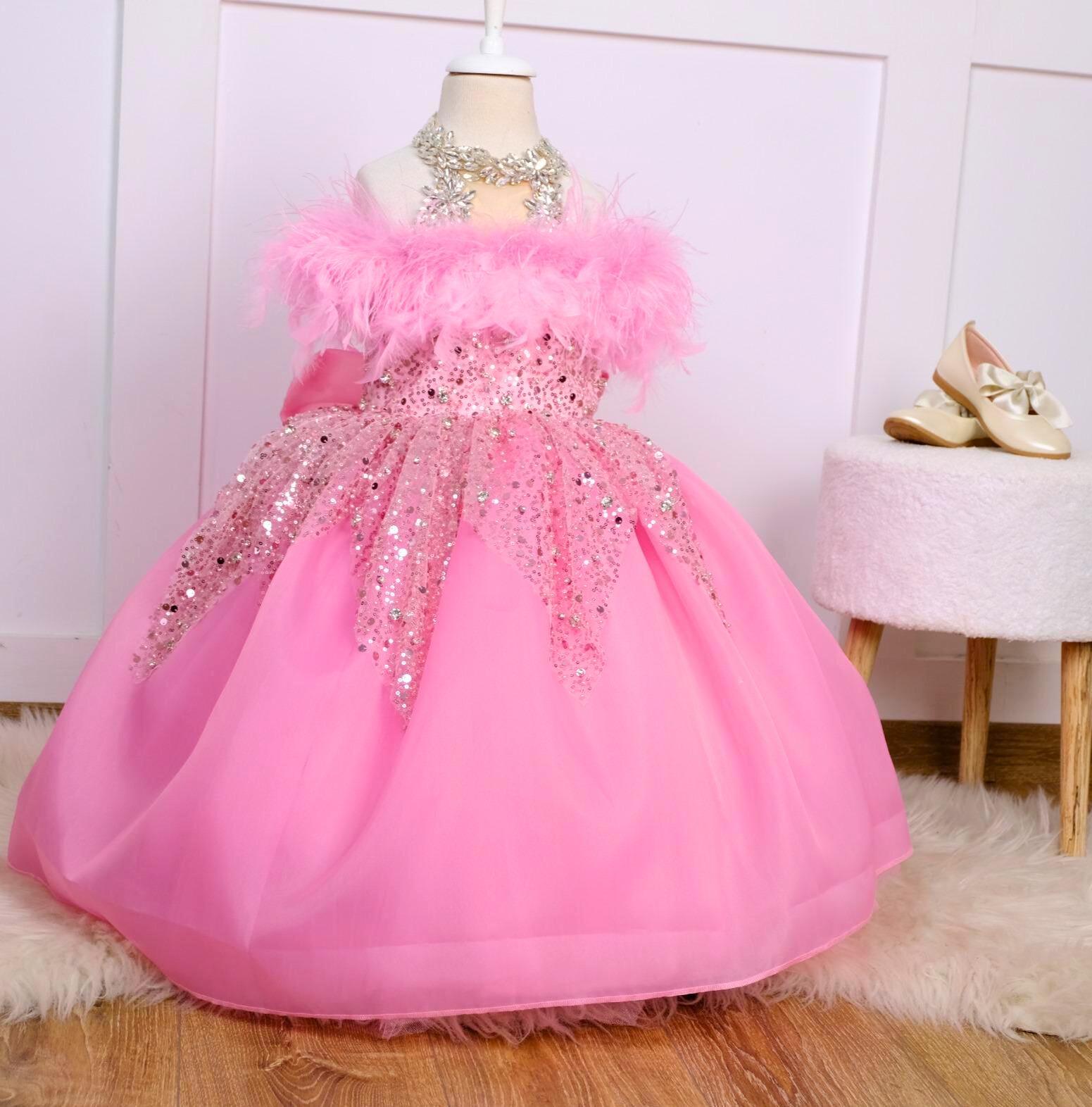Pink Couture Long Princess Dress, Pink Full Length Quinceanera Ceremony Girl Dress with Sequin and Ostrich Feather Detail,Sister Quince Gown