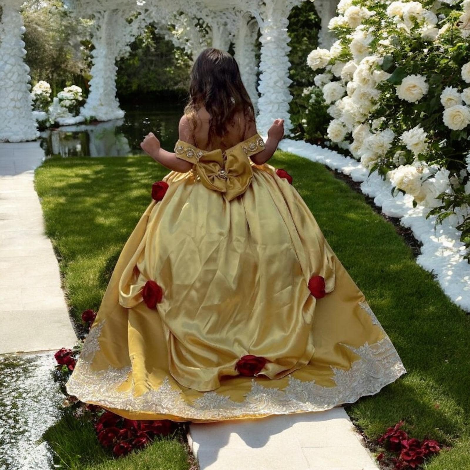 Toddler Golden Princess Gown with Rose Cape, Off-Shoulder Birthday Dress, Flower Girl Outfit