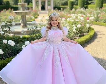 strapless open back dress Princess Flower Girl Dress in Beige Color