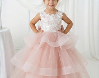 Blush Flower Girl Lace Tulle Gown, Princess Birthday Dress, Fluffy Baby Dress Dusty Rose, Wedding Junior Bridesmaid