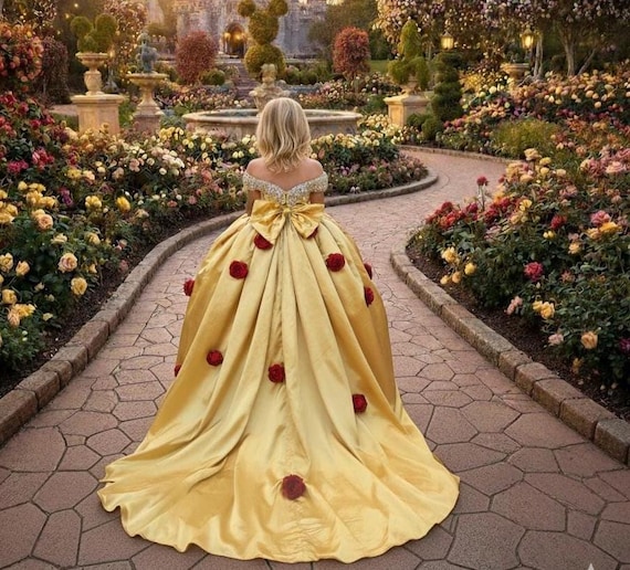 Belle Princess Gown, Floral Satin Birthday Outfit, Couture Ball Gown for Girls, Flower Girl Dress, Kids Pageant, Photoshoot Costume