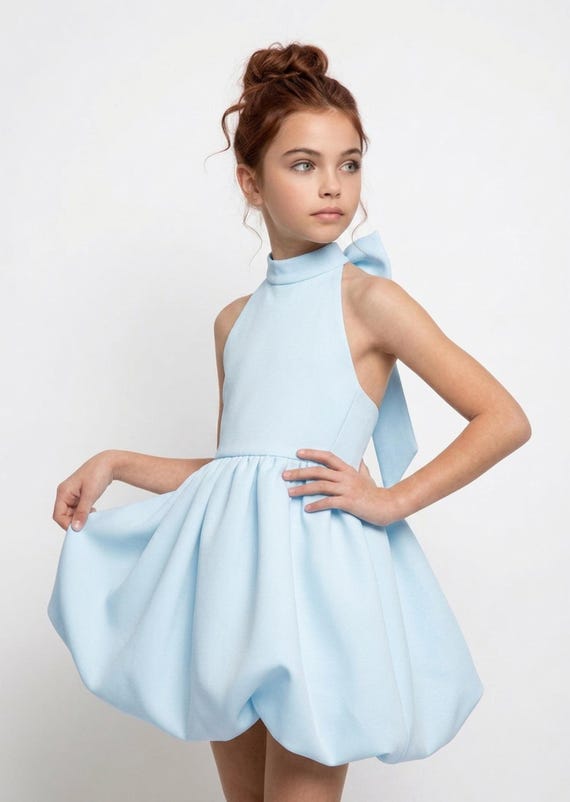 Light Blue Buble Girl Dress, Halter Neck Girls Dress, Big Back Bow Dress for Kids, Tween Graduation Gown