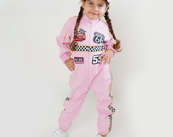 Fast One Birthday Girl-kostuum, roze race-jumpsuit babymeisje, gepersonaliseerde kleine chauffeur, gepersonaliseerd cadeau babyjongen
