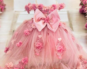 Matching quinceanera sister gown blush, flower girl dress blush, off shoulder baby gown, dress with tail for little girl