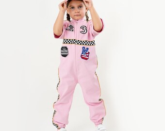 Roze verjaardagspak raceauto, outfit Fast One First Lap, raceautokostuum meisje, gepersonaliseerde racejumpsuit voor babymeisje, coureur peuter