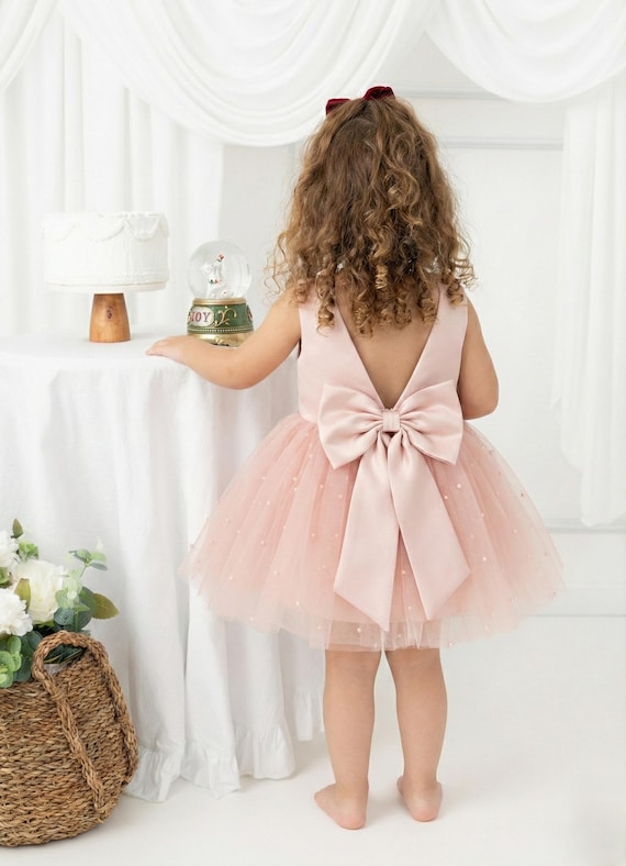 Blush Pearl Dress for Girls, Bow Back Birthday Dress, Cake Smash Outfit, Ivory Toddler Flower Girl Gown, Wedding Party Photoshoot