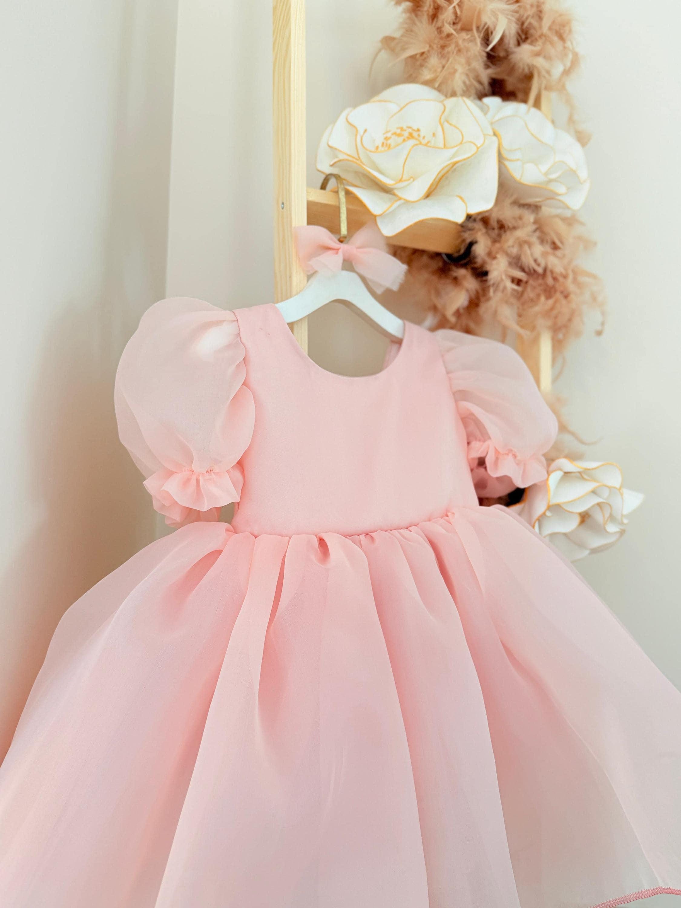 organza birthday dress Blush Organza Puff Sleeve Princess Dress, Flower Girl, Birthday Photoshoot, Wedding Outfit
