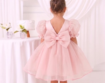Vestido de organza rosa para niña de las flores, tutú corto con mangas abullonadas, sesión de fotos para niñas pequeñas, dama de honor junior para bodas, sesión de fotos de primer cumpleaños.