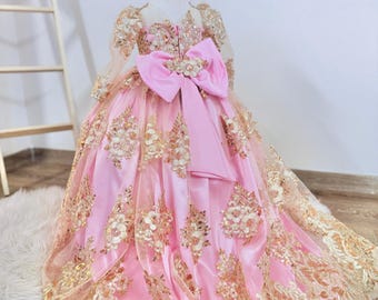 Pink Gold Lace Flower Girl Dress, Princess baby  Birthday Gown, toddler long dress