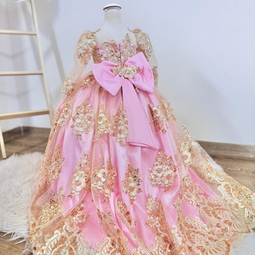 Pink Gold Lace Flower Girl Dress, Princess baby Birthday Gown, toddler long  dress