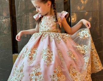 Pink and Gold Flower Dress for Baby & Toddler – Full-Length Satin and Lace Gown