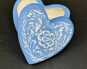 Blue and White Heart-Shaped Ceramic Lidded Trinket Box