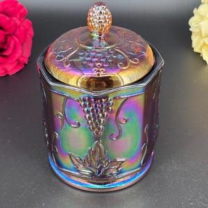 Vintage Indiana Glass Marigold Iridescent Carnival Glass Canister – Harvest Grape Pattern