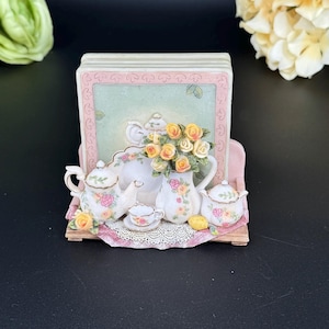 Vintage Hand-Painted Tea Party Coaster Set with Holder – Charming 4-Piece Set