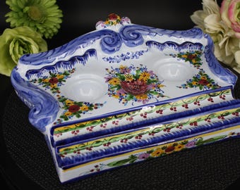 Vintage Portuguese Porcelain Double Inkwell – Hand-Painted Vestal Alcobaça (#829 C.A.) | Rococo Blue & White Ceramic Tray, Crystal Display