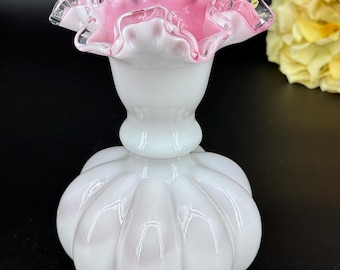 Fenton Peach Crest Milk Glass Melon Vase – Ruffled Silver Crest Rim