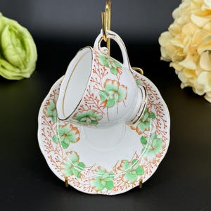 Rare Roslyn &#39;Sweet Pea&#39; Teacup & Saucer Set - Green and Coral, Vintage English Bone China
