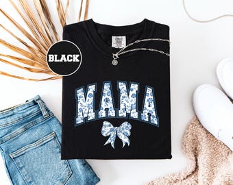 Mama Comfort Colors Shirt, Blue Toile Bow Shirt