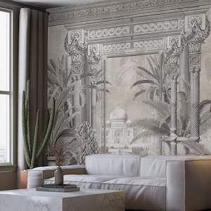Jaipur Jungle Mural: Indian Temple Columns Peel and Stick Wallpaper