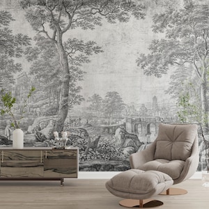 Vintage Landscape Wallpaper, Engraved Mural Painting, Removable Peel Stick Vinyl Mural