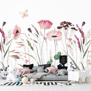 Wildflower Removable Wall Mural, Watercolor Floral Kids Peel and Stick Nursery, Self Adhesive Wall Decal, Colorful Wallpaper