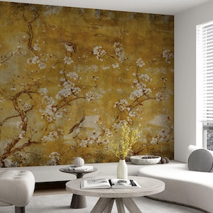 Carta da parati Chinoiserie dorata, murale in cemento, murale in vinile rimovibile e staccabile