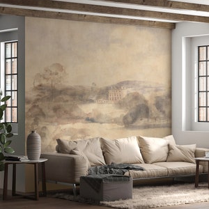 Landscape Painting Surrounded By a Cloudy, Tree-lined Background Wallpaper, Removable Peel Stick Vinyl Mural