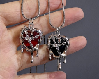 Red Dripping Heart Pendant Necklace - Gothic Lava Heart Jewelry with Silver Branch Design - Dark Aesthetic Necklace - Unique Gift