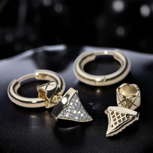 Gothic Silver Huggie Earrings Set, Gold CZ Dangle Ice Cream Studs, Funky Triangle Drop, 2-in-1 Wear Sleeper Hoops, Edgy Y2K Style