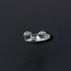 May include: A silver-colored frog-shaped ring with two large, round eyes and a small, detailed mouth. The ring is made of a shiny metal and is set against a dark background. The frog ring is a unique piece of jewelry.